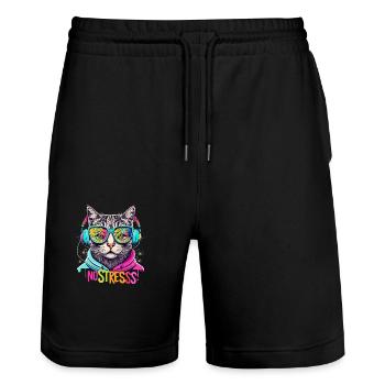 Cat with headphones Funny saying NO STRESS - Stanley/Stella Trainer Unisex Organic Jogging Shorts - black - Front - Nik (191cm) & Marisol (170cm)