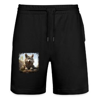Funny Wolf - Stanley/Stella Trainer Unisex Organic Jogging Shorts - black - Front - Nik (191cm) & Marisol (170cm)