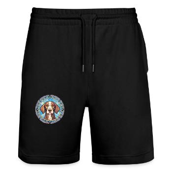Portugiesischer Vorstehhund Rasse Buntglas Colorfu - Stanley/Stella Unisex Bio Joggingshorts Trainer  - Schwarz - Vorne - Nik (191cm) & Marisol (170cm)