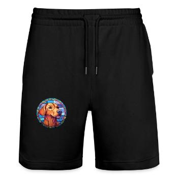 Volpino Italiano Hunderasse Buntglas Bunt - Stanley/Stella Unisex Bio Joggingshorts Trainer  - Schwarz - Vorne - Nik (191cm) & Marisol (170cm)