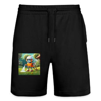 mignon petit robot vintage futuriste orange - Short de jogging bio TRAINER Stanley/Stella unisexe - noir - Devant - Nik (191cm) & Marisol (170cm)