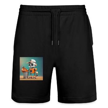 niedlicher kleiner orangefarbener futuristischer Vintage-Roboter - Stanley/Stella Unisex Bio Joggingshorts Trainer  - Schwarz - Vorne - Nik (191cm) & Marisol (170cm)
