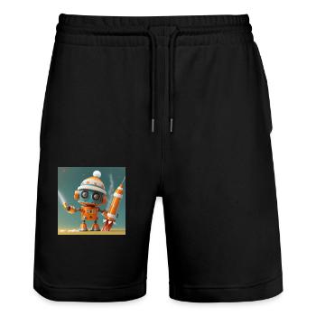 robot is launching New Year's Eve rockets - Stanley/Stella Trainer Unisex Organic Jogging Shorts - black - Front - Nik (191cm) & Marisol (170cm)