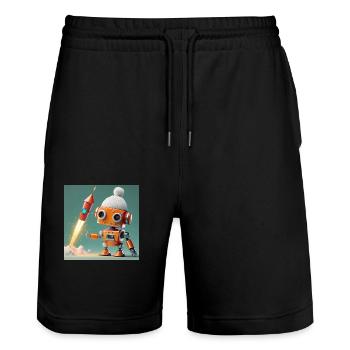cute robot is launching New Year's Eve rockets - Stanley/Stella Trainer Unisex Organic Jogging Shorts - black - Front - Nik (191cm) & Marisol (170cm)