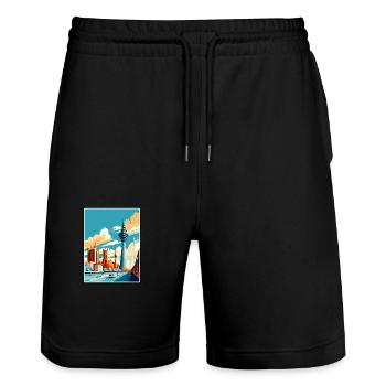 Dusseldorf Germany Vintage Travel Poster Souvenir - Stanley/Stella Trainer Unisex Organic Jogging Shorts - black - Front - Nik (191cm) & Marisol (170cm)