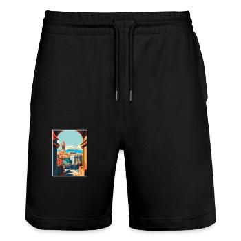 Barcelona Spain Vintage Travel Poster WPA Souvenir - Stanley/Stella Trainer Unisex Organic Jogging Shorts - black - Front - Nik (191cm) & Marisol (170cm)