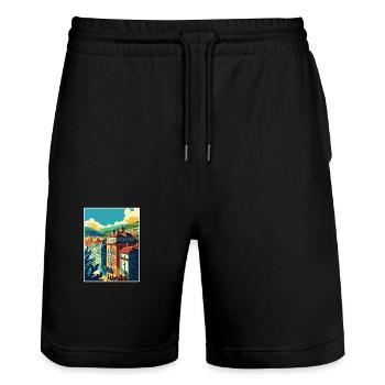 Bilbao Spain Vintage Travel Poster WPA Souvenir - Stanley/Stella Trainer Unisex Organic Jogging Shorts - black - Front - Nik (191cm) & Marisol (170cm)