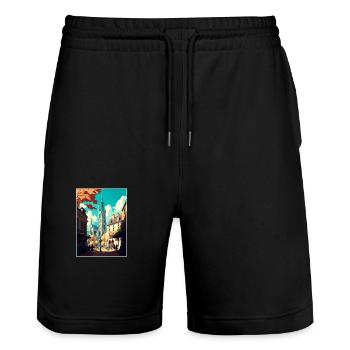 Rouen France Vintage voyage affiche WPA Souvenir - Short de jogging bio TRAINER Stanley/Stella unisexe - noir - Devant - Nik (191cm) & Marisol (170cm)