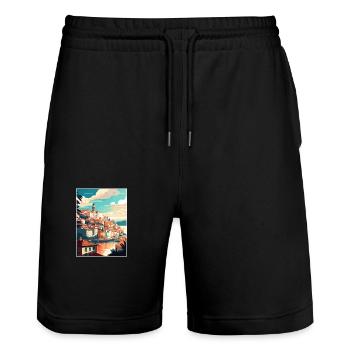 Coimbra Portugal Vintage Travel Poster Souvenir - Stanley/Stella Trainer Unisex Organic Jogging Shorts - black - Front - Nik (191cm) & Marisol (170cm)