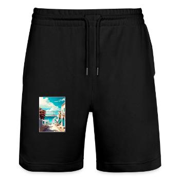 Mykonos Griechenland Dekoration Vintage Reiseposter - Stanley/Stella Unisex Bio Joggingshorts Trainer  - Schwarz - Vorne - Nik (191cm) & Marisol (170cm)