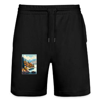 Lac d’Ohrid, Macédoine du Nord, Albanie, Souvenir, Chambre - Short de jogging bio TRAINER Stanley/Stella unisexe - noir - Devant - Nik (191cm) & Marisol (170cm)