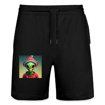 green alien wearing an ugly Christmas sweater - Stanley/Stella Trainer Unisex Organic Jogging Shorts - black - Front - Nik (191cm) & Marisol (170cm)