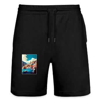 Symi Griechenland Vintage Reiseposter WPA Souvenir - Stanley/Stella Unisex Bio Joggingshorts Trainer  - Schwarz - Vorne - Nik (191cm) & Marisol (170cm)
