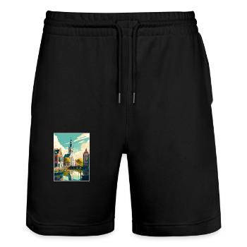Leerdam Netherlands Vintage Travel Poster Souvenir - Stanley/Stella Trainer Unisex Organic Jogging Shorts - black - Front - Nik (191cm) & Marisol (170cm)