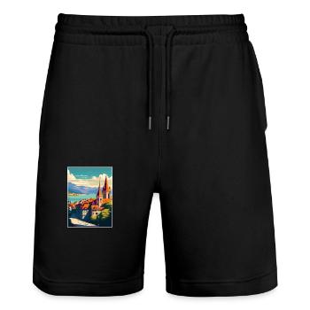 Lausanne Suisse Vintage voyage affiche WPA Art - Short de jogging bio TRAINER Stanley/Stella unisexe - noir - Devant - Nik (191cm) & Marisol (170cm)