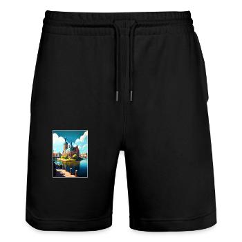 Szczecin Pologne Vintage voyage affiche WPA Souvenir - Short de jogging bio TRAINER Stanley/Stella unisexe - noir - Devant - Nik (191cm) & Marisol (170cm)