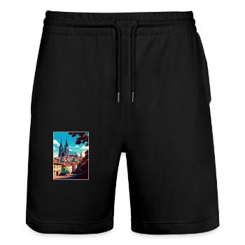 Brünn Tschechische Republik Vintage Reiseplakat Souvenir - Stanley/Stella Unisex Bio Joggingshorts Trainer  - Schwarz - Vorne - Nik (191cm) & Marisol (170cm)