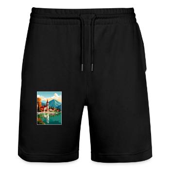 Lac d’Annecy Vintage Voyage Affiche WPA Souvenir - Short de jogging bio TRAINER Stanley/Stella unisexe - noir - Devant - Nik (191cm) & Marisol (170cm)