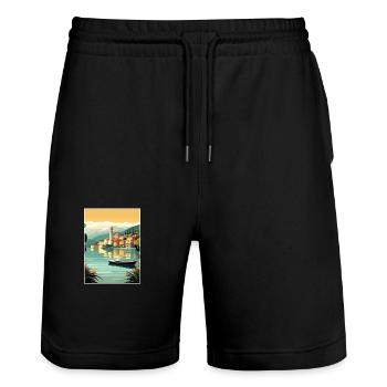 Lake Como Italy Decoration Vintage Travel Poster - Stanley/Stella Trainer Unisex Organic Jogging Shorts - black - Front - Nik (191cm) & Marisol (170cm)