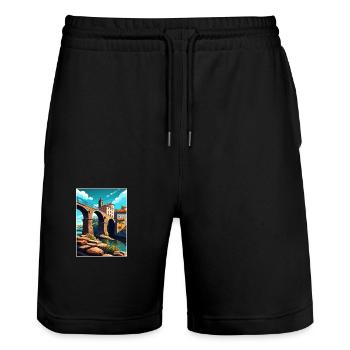 Barcelos Portugal Vintage Travel Poster Souvenir - Stanley/Stella Trainer Unisex Organic Jogging Shorts - black - Front - Nik (191cm) & Marisol (170cm)