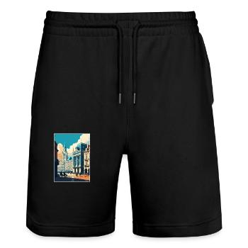 Brussels Belgium Vintage Travel Poster Souvenir - Stanley/Stella Trainer Unisex Organic Jogging Shorts - black - Front - Nik (191cm) & Marisol (170cm)