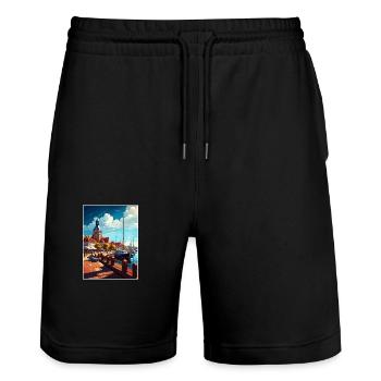 Ustka Pologne Vintage voyage affiche WPA Souvenir - Short de jogging bio TRAINER Stanley/Stella unisexe - noir - Devant - Nik (191cm) & Marisol (170cm)