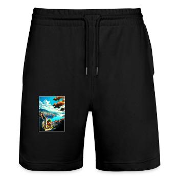 Bergan Norway Oslo Vintage Travel Poster Souvenir - Stanley/Stella Trainer Unisex Organic Jogging Shorts - black - Front - Nik (191cm) & Marisol (170cm)