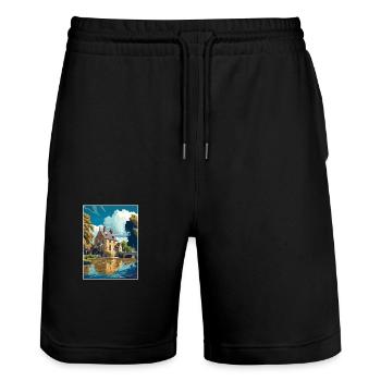 Bourton On The Water England Vintage Travel Poster - Stanley/Stella Trainer Unisex Organic Jogging Shorts - black - Front - Nik (191cm) & Marisol (170cm)