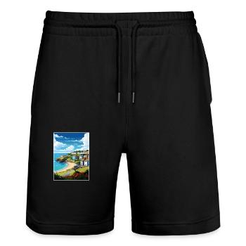 The Roseland Peninsula Cornwall Travel Poster - Stanley/Stella Trainer Unisex Organic Jogging Shorts - black - Front - Nik (191cm) & Marisol (170cm)