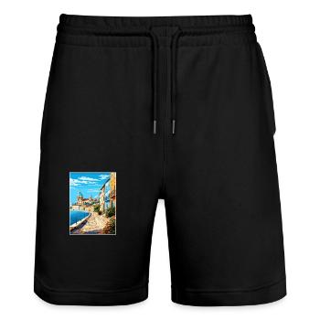 Coimbra Portugal Vintage Travel Poster Souvenir - Stanley/Stella Trainer Unisex Organic Jogging Shorts - black - Front - Nik (191cm) & Marisol (170cm)