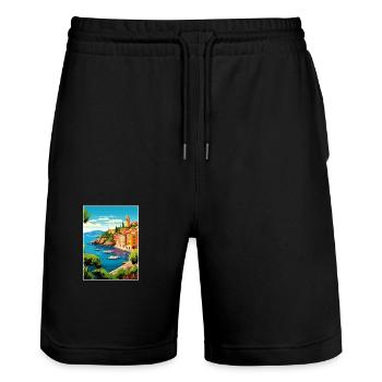 Portofino Italie Vintage voyage affiche WPA Souvenir - Short de jogging bio TRAINER Stanley/Stella unisexe - noir - Devant - Nik (191cm) & Marisol (170cm)