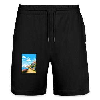 Coimbra Portugal Vintage Travel Poster Souvenir - Stanley/Stella Trainer Unisex Organic Jogging Shorts - black - Front - Nik (191cm) & Marisol (170cm)