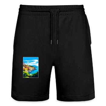 Portofino Italie Vintage voyage affiche WPA Souvenir - Short de jogging bio TRAINER Stanley/Stella unisexe - noir - Devant - Nik (191cm) & Marisol (170cm)