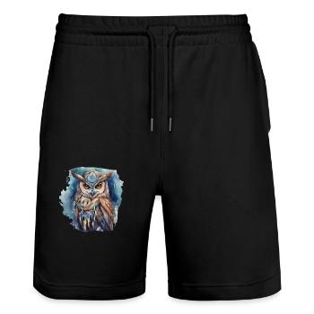 Schamanisches Krafttier Eule Weisheit, Intuition - Stanley/Stella Unisex Bio Joggingshorts Trainer  - Schwarz - Vorne - Nik (191cm) & Marisol (170cm)