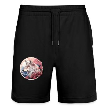 Japanese Wolf, Cherry Blossom - Stanley/Stella Trainer Unisex Organic Jogging Shorts - black - Front - Nik (191cm) & Marisol (170cm)