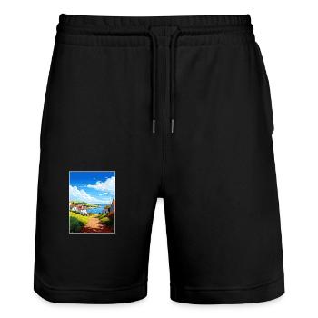 Portholland Cornwall Vintage voyage affiche WPA Art - Short de jogging bio TRAINER Stanley/Stella unisexe - noir - Devant - Nik (191cm) & Marisol (170cm)