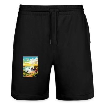 Hartland Quay Devon Vintage Travel Poster Souvenir - Stanley/Stella Trainer Unisex Organic Jogging Shorts - black - Front - Nik (191cm) & Marisol (170cm)