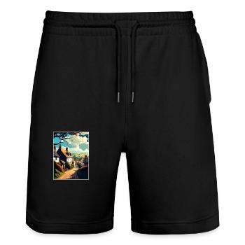 Dunster England Vintage Reiseposter WPA Souvenir - Stanley/Stella Unisex Bio Joggingshorts Trainer  - Schwarz - Vorne - Nik (191cm) & Marisol (170cm)