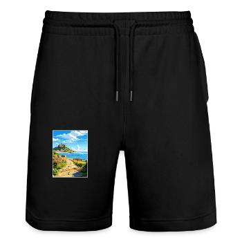 Marazion Cornwall Vintage Travel Poster Souvenir - Stanley/Stella Trainer Unisex Organic Jogging Shorts - black - Front - Nik (191cm) & Marisol (170cm)