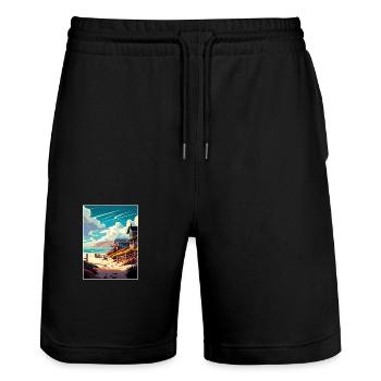 Cambrillo Beach California Vintage Travel Poster - Stanley/Stella Trainer Unisex Organic Jogging Shorts - black - Front - Nik (191cm) & Marisol (170cm)