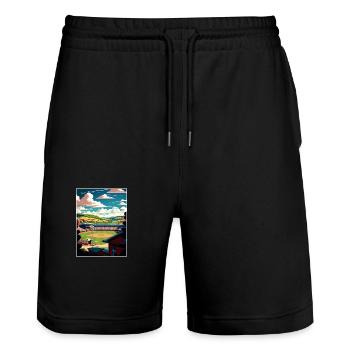 Cooperstown New York State Vintage Travel Poster - Stanley/Stella Trainer Unisex Organic Jogging Shorts - black - Front - Nik (191cm) & Marisol (170cm)