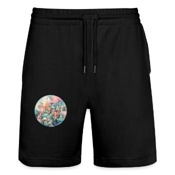Collage eines skurrilen Dorfes - Stanley/Stella Unisex Bio Joggingshorts Trainer  - Schwarz - Vorne - Nik (191cm) & Marisol (170cm)