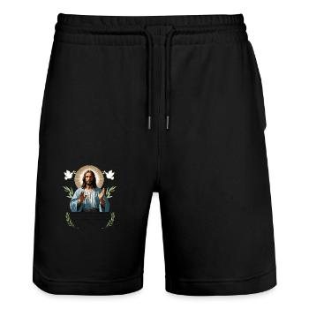 "Serene Jesus - T-shirt minimaliste de la foi chrétienne - Short de jogging bio TRAINER Stanley/Stella unisexe - noir - Devant - Nik (191cm) & Marisol (170cm)