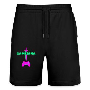 Gamerina # 2 - Stanley/Stella Unisex Bio Joggingshorts Trainer  - Schwarz - Vorne - Nik (191cm) & Marisol (170cm)