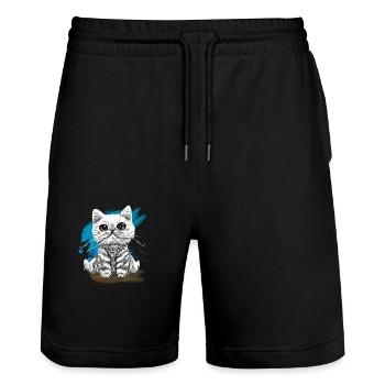 Happy Furry kitten tshirt - Stanley/Stella Trainer Unisex Organic Jogging Shorts - black - Front - Nik (191cm) & Marisol (170cm)
