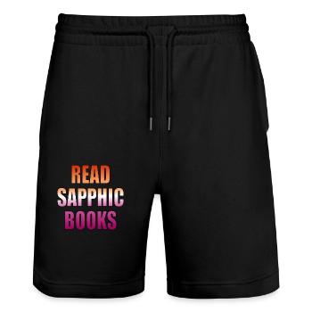 Read Sapphic Books - Stanley/Stella Trainer Unisex Organic Jogging Shorts - black - Front - Nik (191cm) & Marisol (170cm)