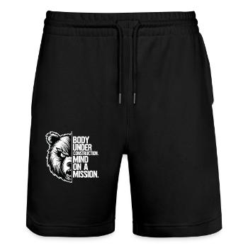 Body under construction - Mind on a mission - Stanley/Stella Unisex Bio Joggingshorts Trainer  - Schwarz - Vorne - Nik (191cm) & Marisol (170cm)