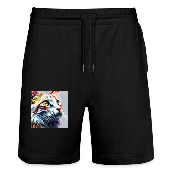 Katze weissrot - Stanley/Stella Unisex Bio Joggingshorts Trainer  - Schwarz - Vorne - Nik (191cm) & Marisol (170cm)