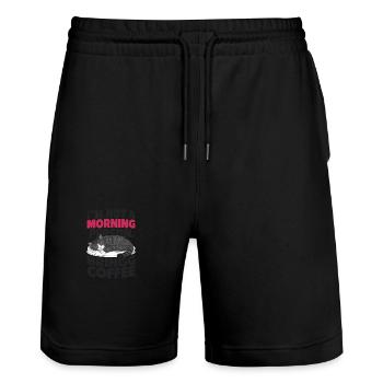 Ich bin kein Morgenmensch. Bring Kaffee mit. - Stanley/Stella Unisex Bio Joggingshorts Trainer  - Schwarz - Vorne - Nik (191cm) & Marisol (170cm)