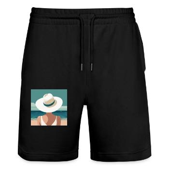 Femme avec chapeau sur la plage - Short de jogging bio TRAINER Stanley/Stella unisexe - noir - Devant - Nik (191cm) & Marisol (170cm)